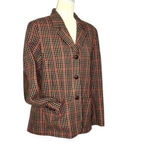 Vintage Liz Sport Wool Tweed Blazer Size 10 Petite Suede Elbow Pads Plaid Jacket